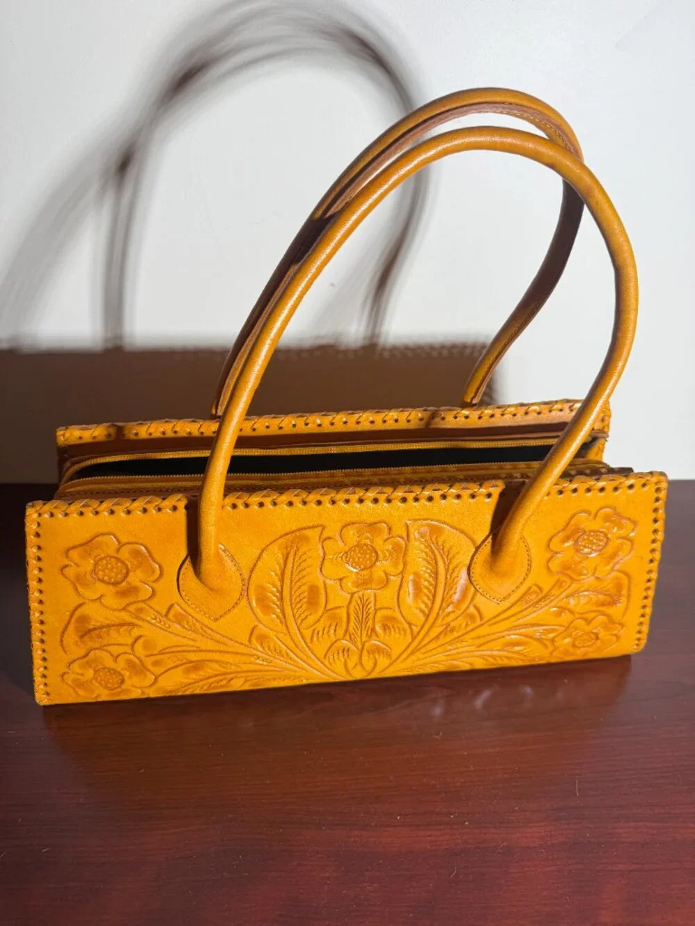 Alexis David Yellow Tooled Embossed Leather Handbag Purse Large Whipstitch NEW